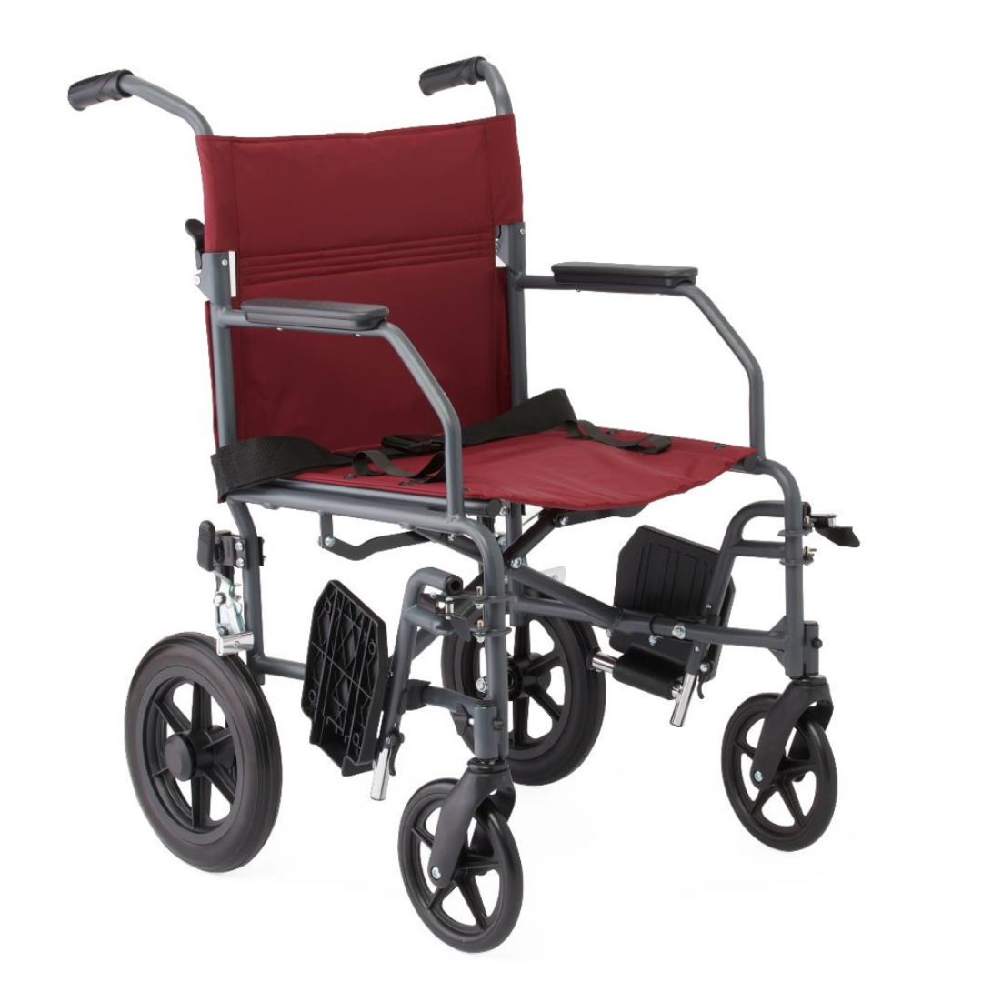 The Medline Designer High-Performance Transport Chair is a lightweight red and gray chair with a durable steel frame, black armrests, footrests, seatbelt, and four wheels for comfortable mobility and user convenience.